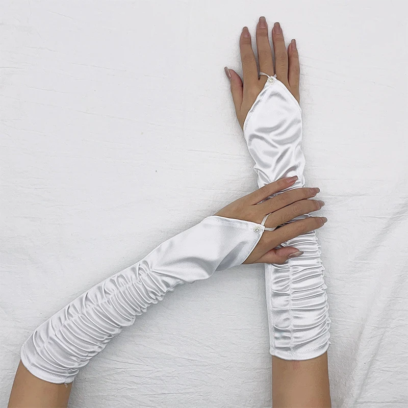 Women Fashion Satin Pleated Hot Drill Hook Finger Long Gloves Wedding Bridal Evening Party Prom Elegant Fingerless Gloves