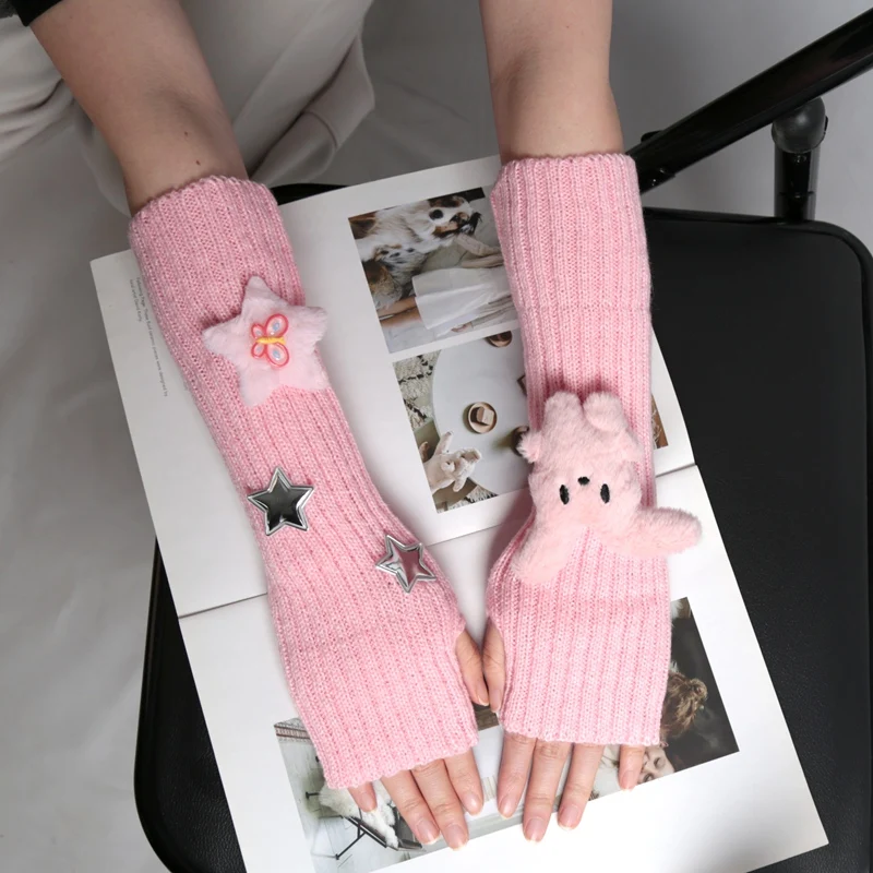 1 Pair of Girls Cute Fingerless Gloves with Star Decoration Fashionable Accessory Gloves Casual Long Wrist Punk Gothic Gloves