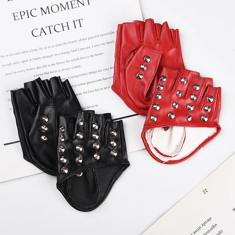 Women DS Half Palm Half Finger Rivets Gloves Nightclub Pole Dancing Stage Performance Fashion Personality Hip Hop Leather