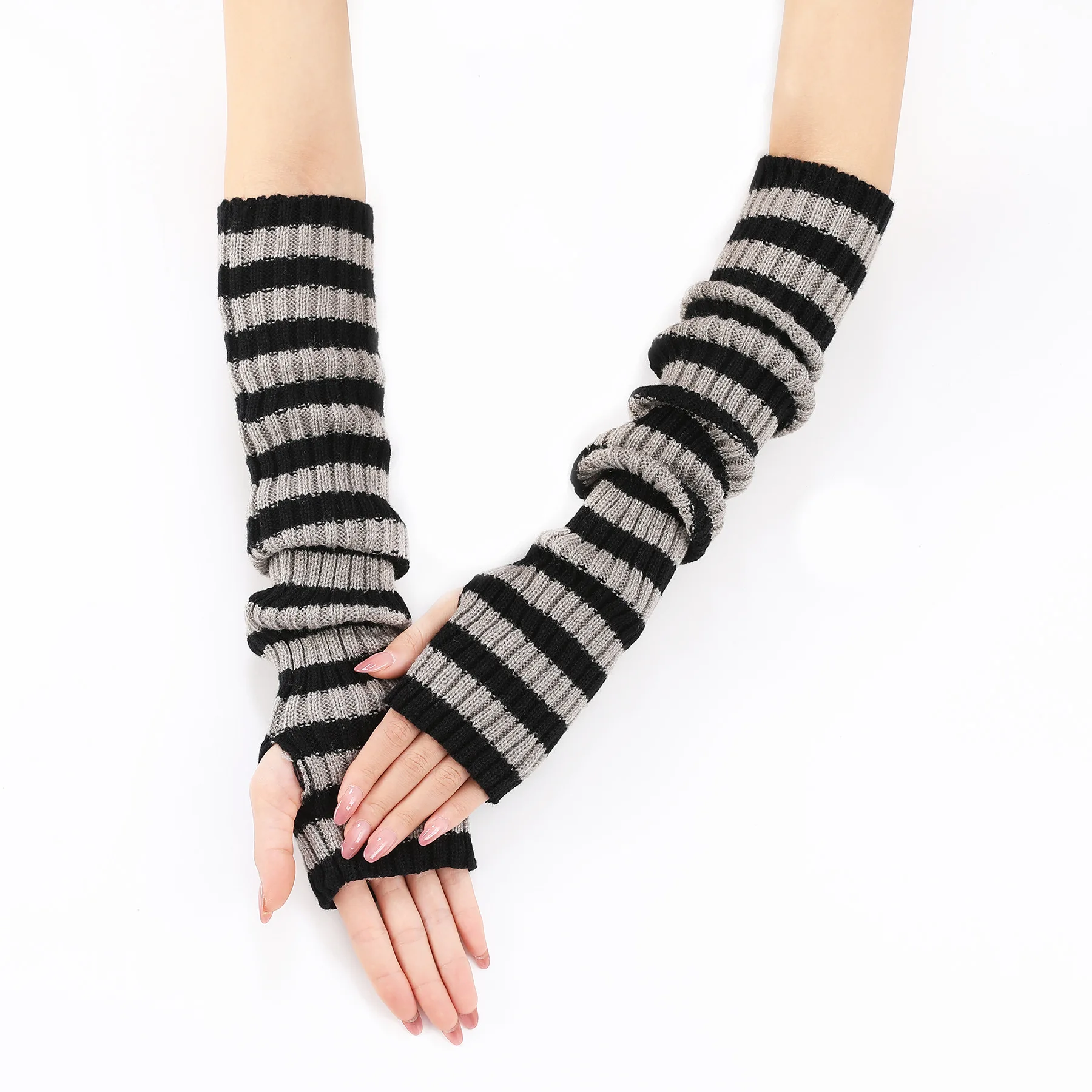 Acrylic Fibres Fingerless Gloves Women Elbow Glove Work Gloves Winter Men Unisex Black White Stripe Arm Warmers Sleeve