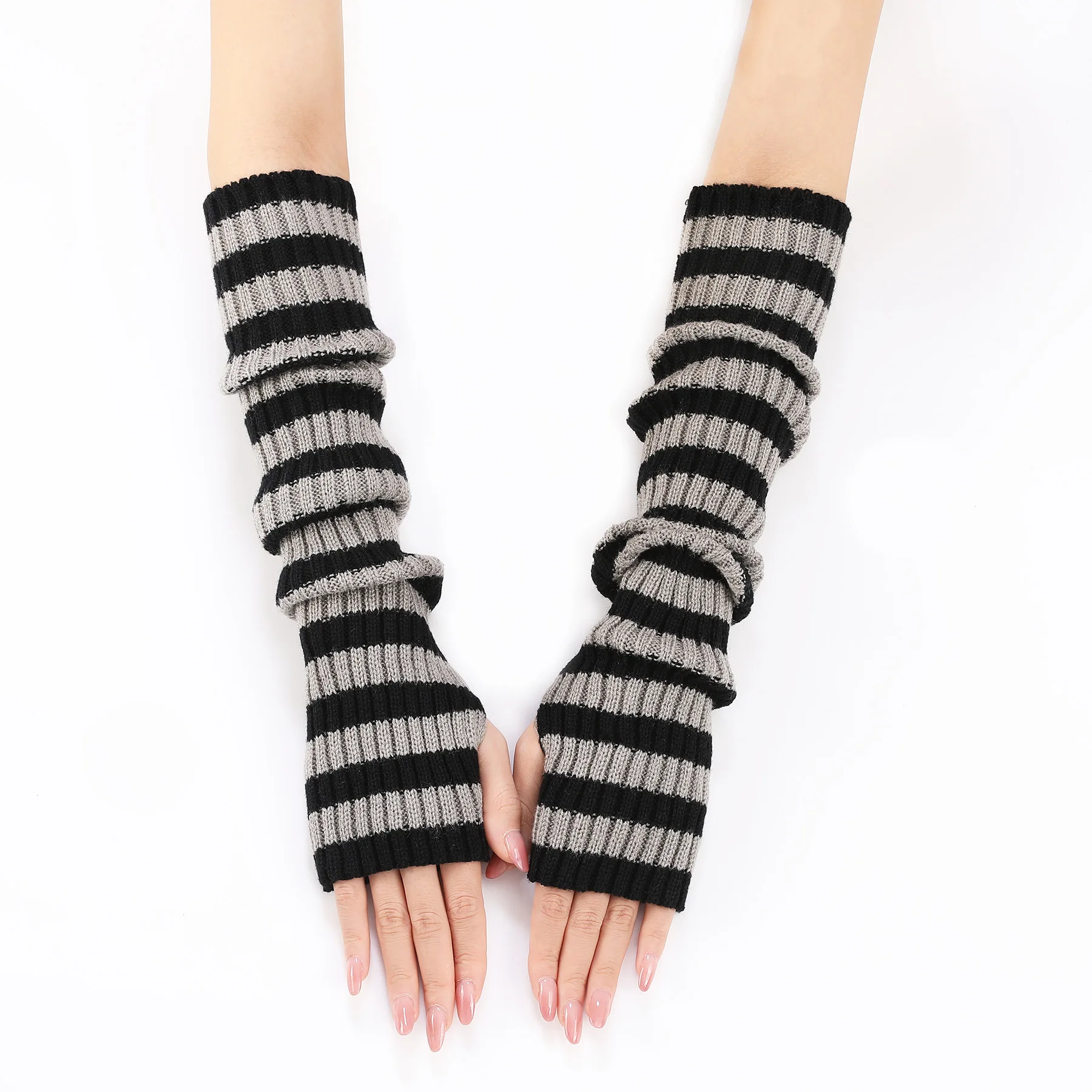 Acrylic Fibres Fingerless Gloves Women Elbow Glove Work Gloves Winter Men Unisex Black White Stripe Arm Warmers Sleeve
