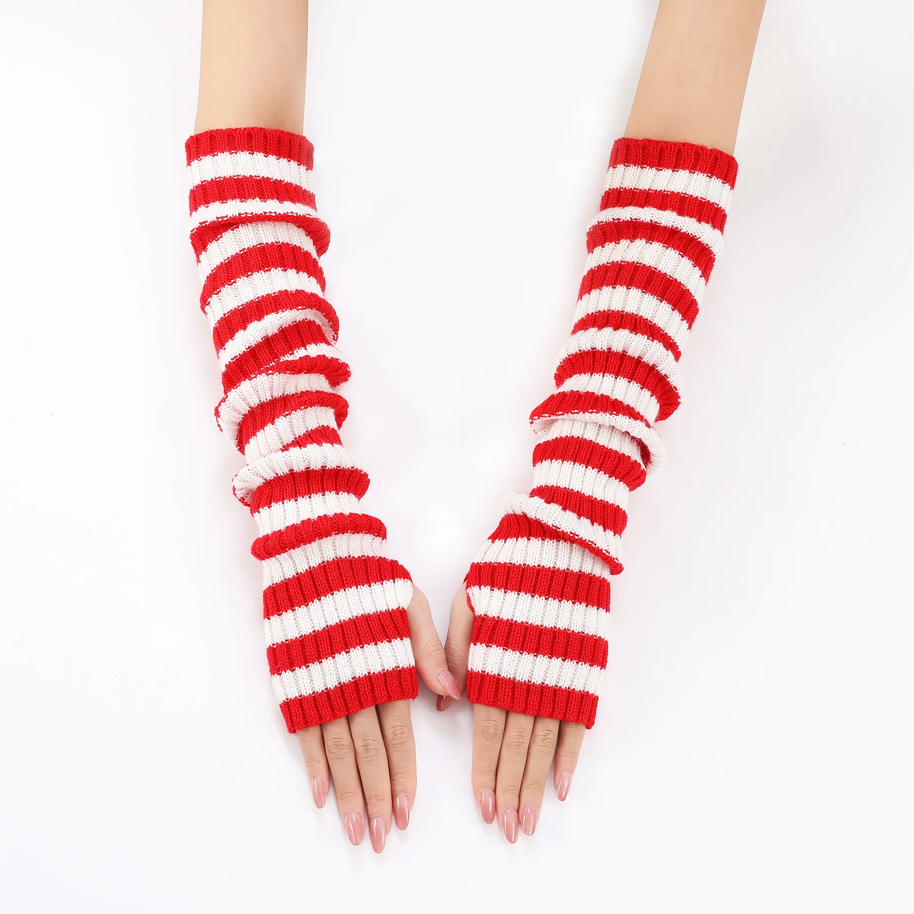 Acrylic Fibres Fingerless Gloves Women Elbow Glove Work Gloves Winter Men Unisex Black White Stripe Arm Warmers Sleeve