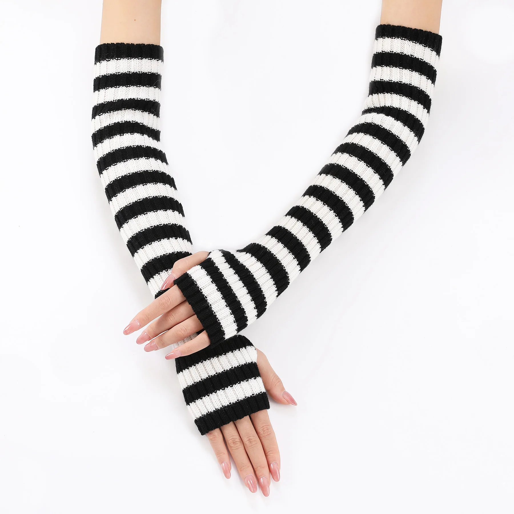 Acrylic Fibres Fingerless Gloves Women Elbow Glove Work Gloves Winter Men Unisex Black White Stripe Arm Warmers Sleeve