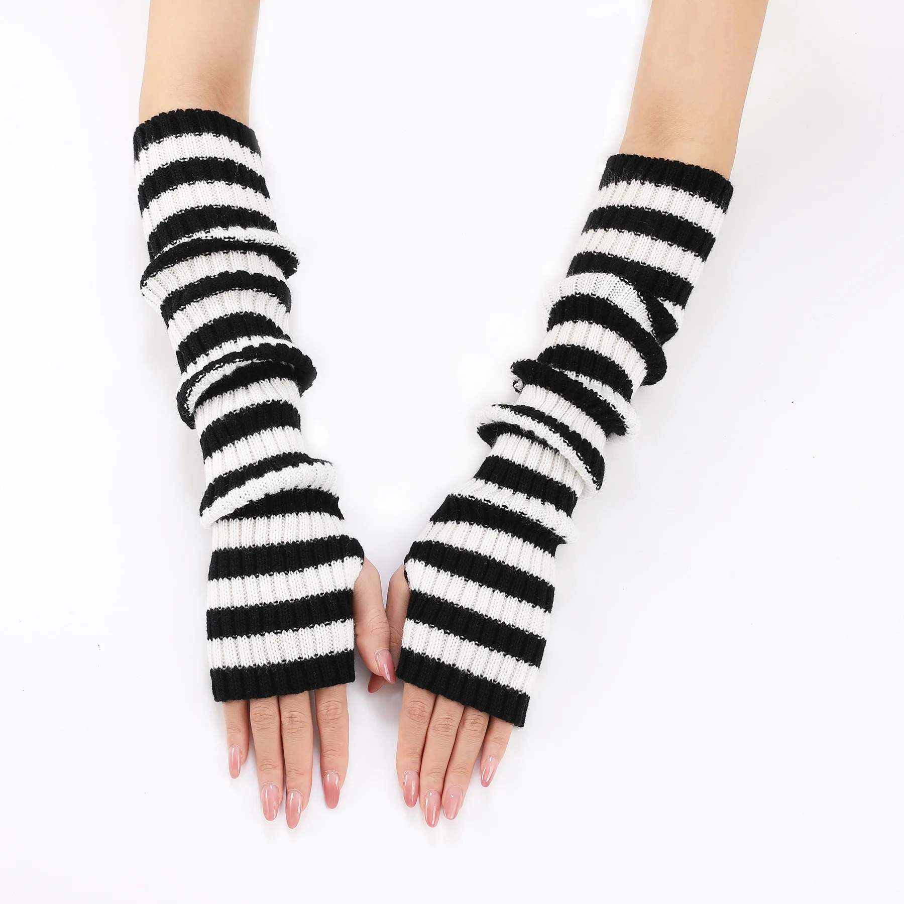 Acrylic Fibres Fingerless Gloves Women Elbow Glove Work Gloves Winter Men Unisex Black White Stripe Arm Warmers Sleeve
