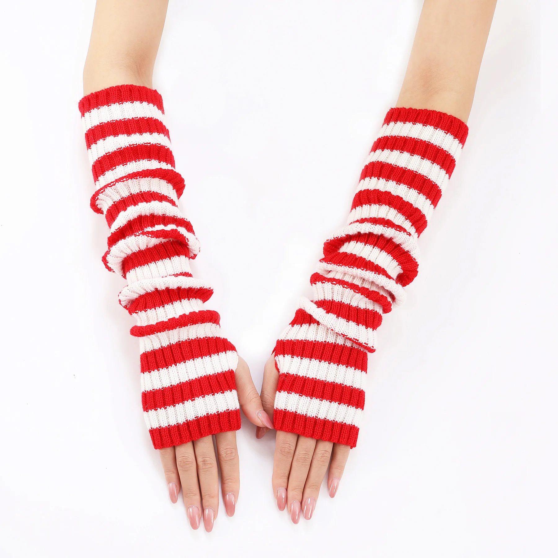 Acrylic Fibres Fingerless Gloves Women Elbow Glove Work Gloves Winter Men Unisex Black White Stripe Arm Warmers Sleeve