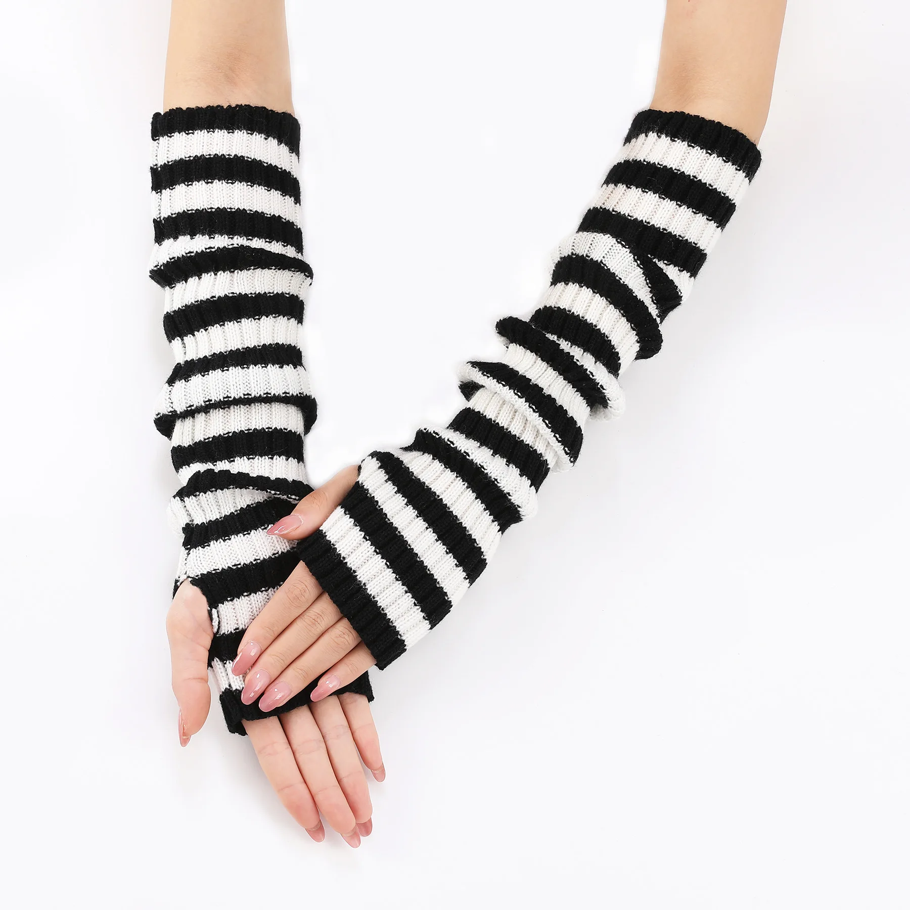 Acrylic Fibres Fingerless Gloves Women Elbow Glove Work Gloves Winter Men Unisex Black White Stripe Arm Warmers Sleeve