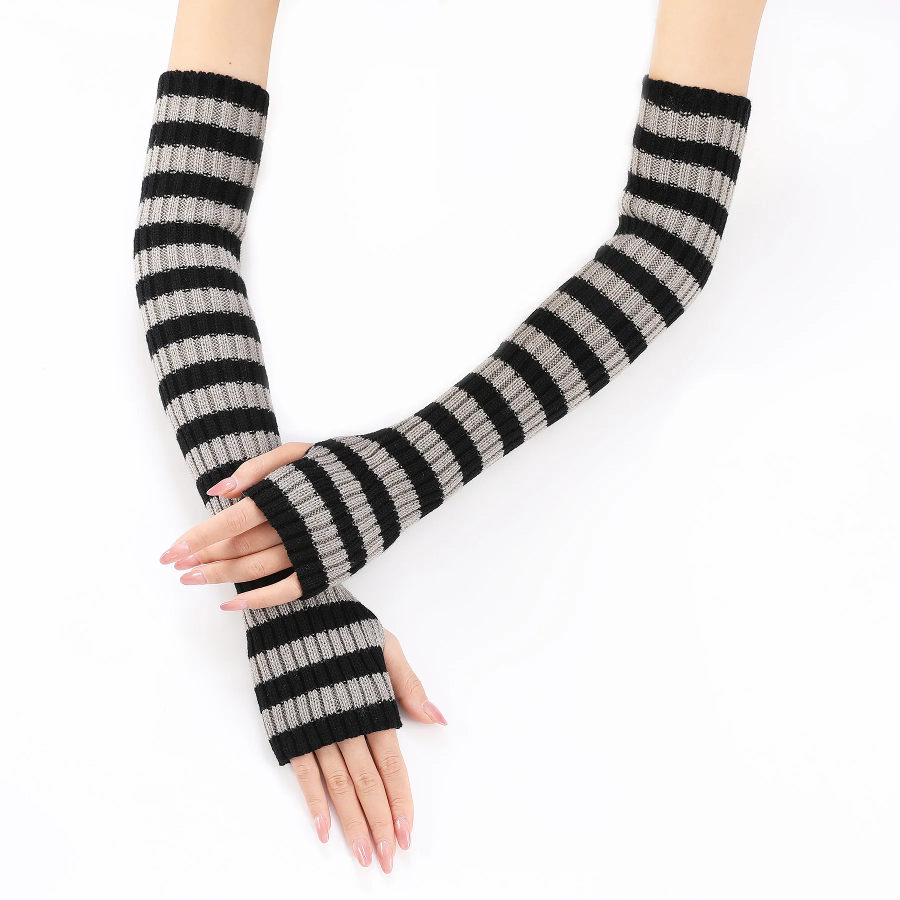 Acrylic Fibres Fingerless Gloves Women Elbow Glove Work Gloves Winter Men Unisex Black White Stripe Arm Warmers Sleeve
