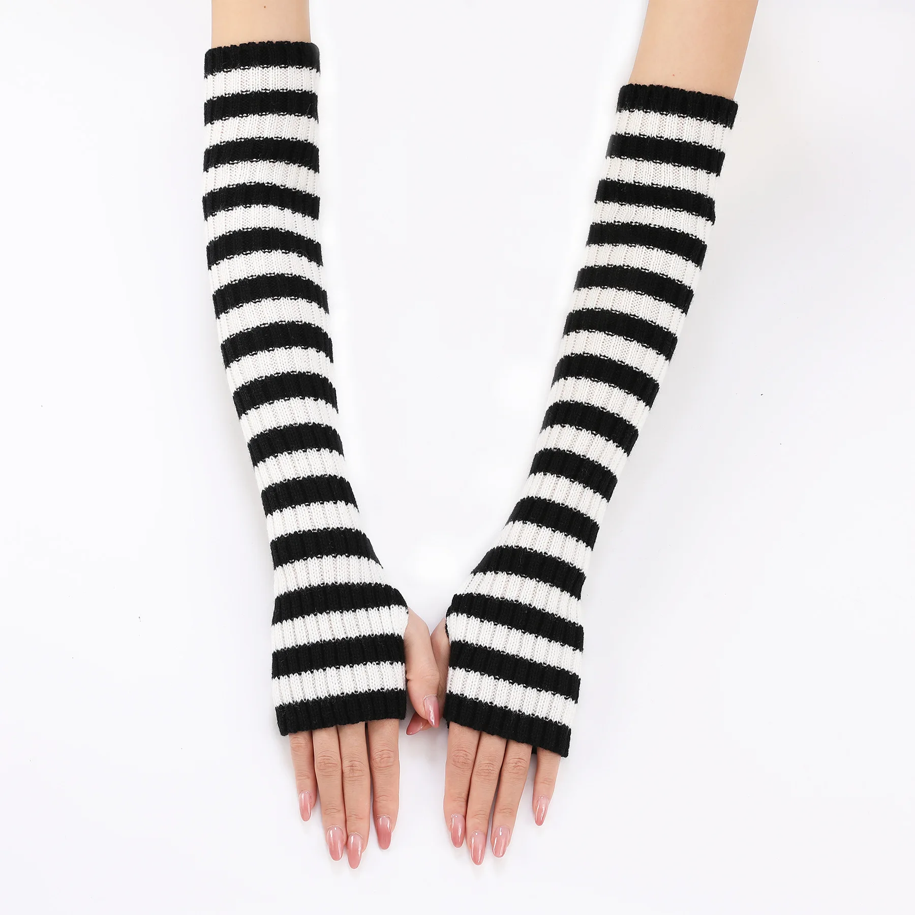 Acrylic Fibres Fingerless Gloves Women Elbow Glove Work Gloves Winter Men Unisex Black White Stripe Arm Warmers Sleeve