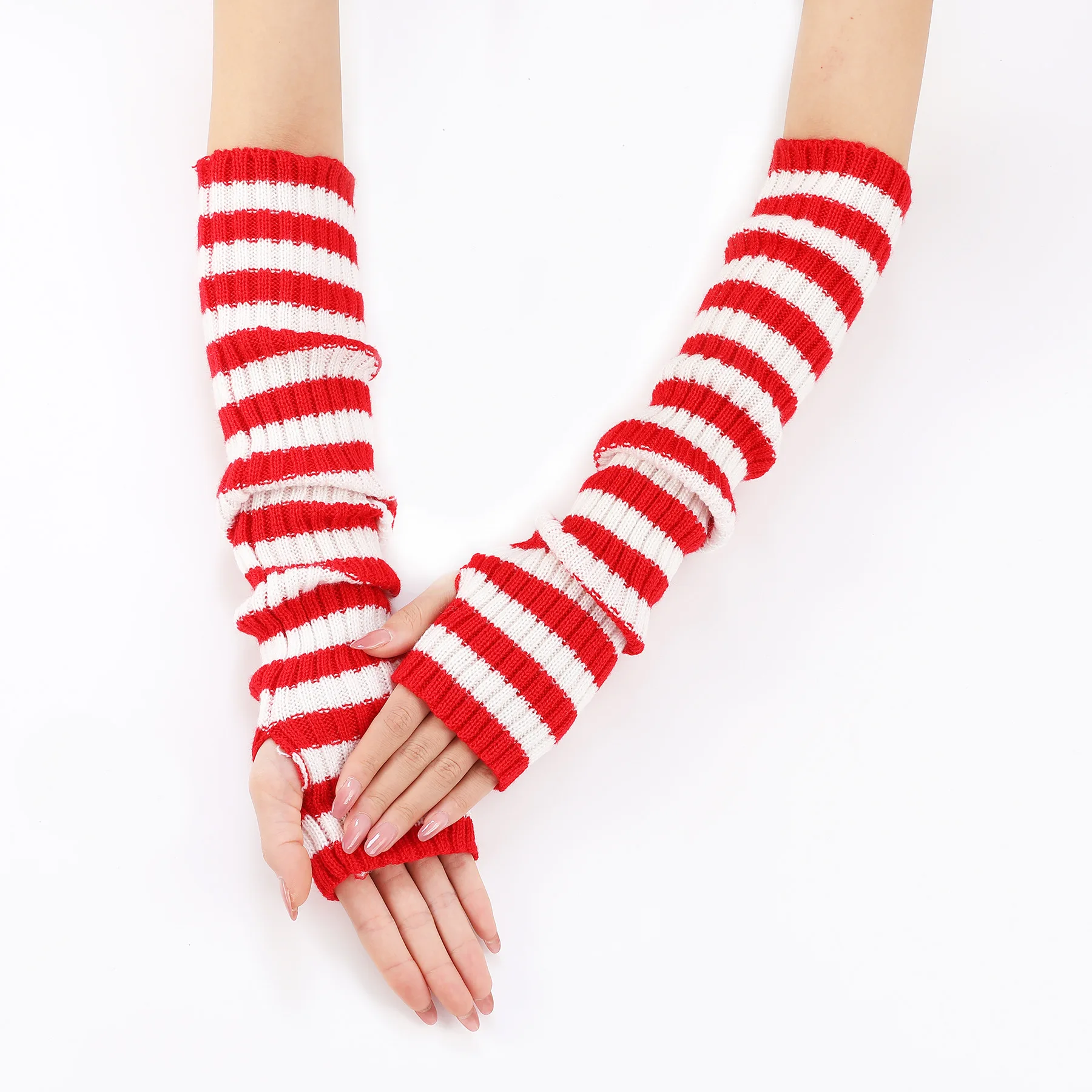Acrylic Fibres Fingerless Gloves Women Elbow Glove Work Gloves Winter Men Unisex Black White Stripe Arm Warmers Sleeve