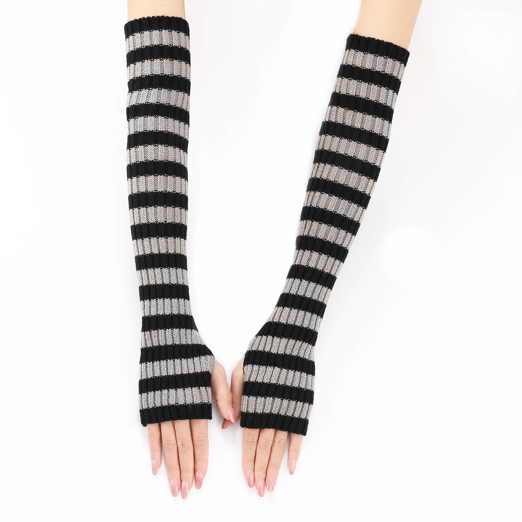 Acrylic Fibres Fingerless Gloves Women Elbow Glove Work Gloves Winter Men Unisex Black White Stripe Arm Warmers Sleeve