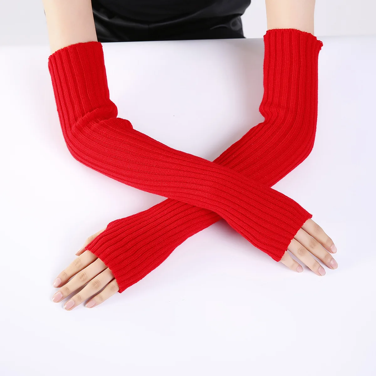 Acrylic Fibres Fingerless Gloves Women Elbow Glove Work Gloves Winter Men Unisex Black White Stripe Arm Warmers Sleeve