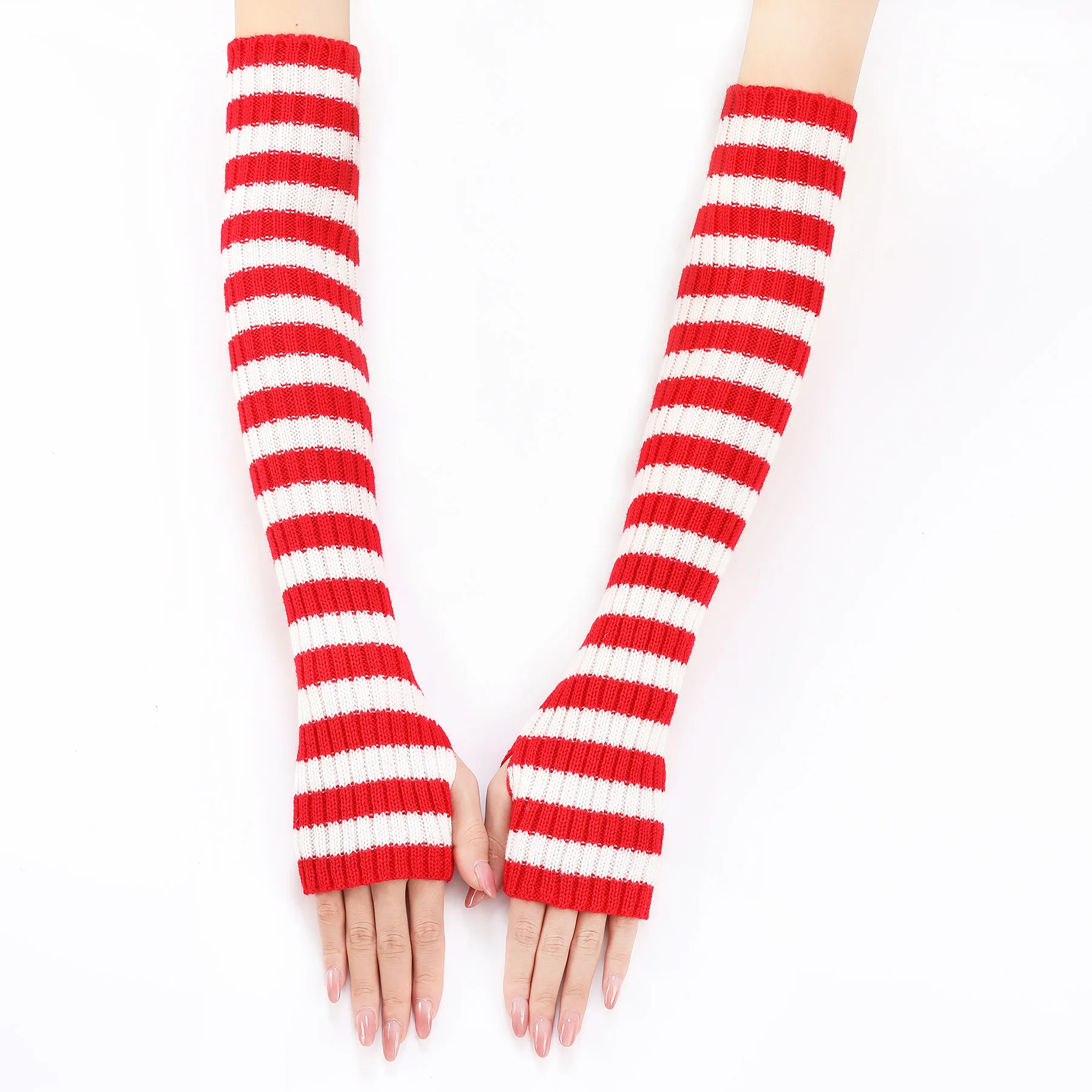 Acrylic Fibres Fingerless Gloves Women Elbow Glove Work Gloves Winter Men Unisex Black White Stripe Arm Warmers Sleeve