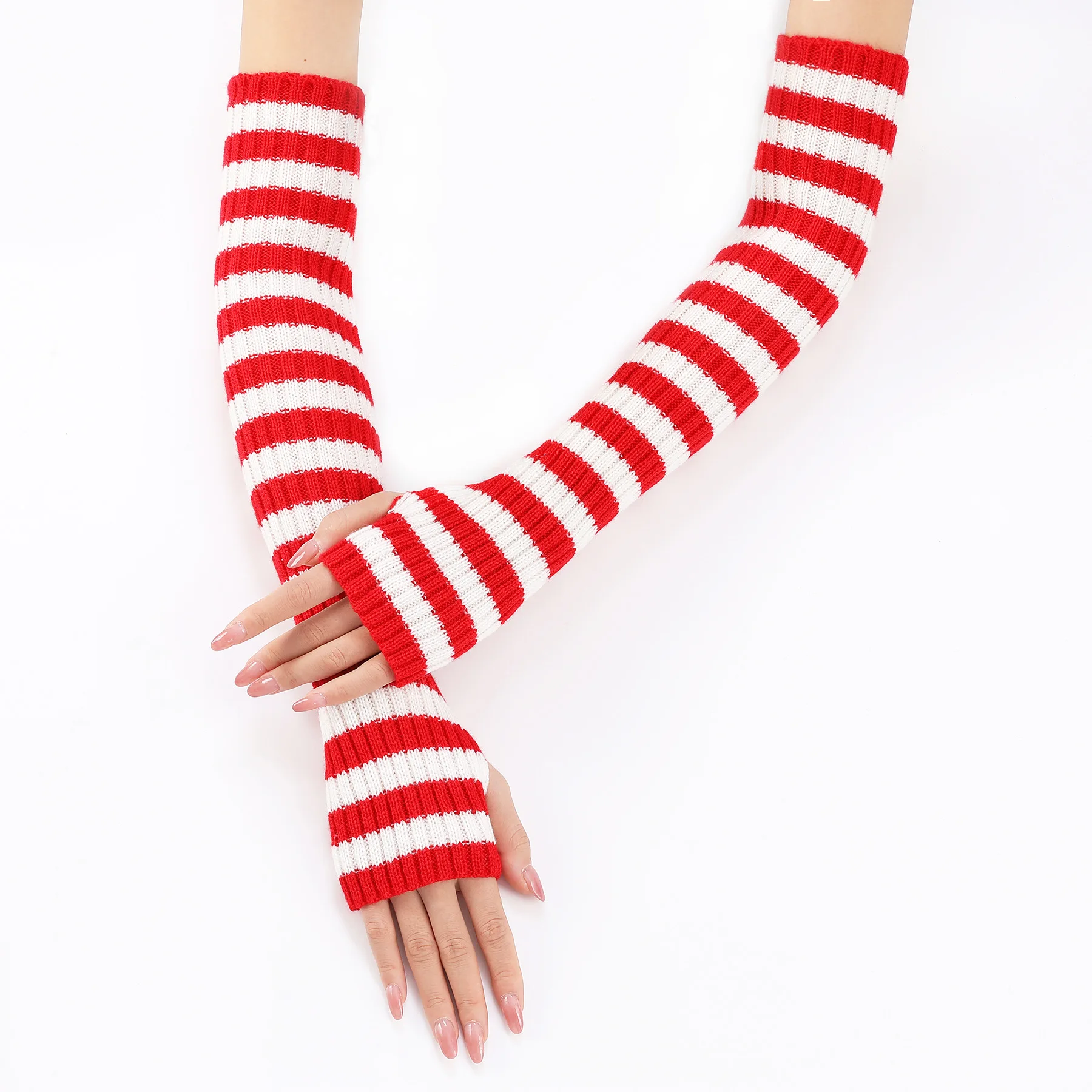 Acrylic Fibres Fingerless Gloves Women Elbow Glove Work Gloves Winter Men Unisex Black White Stripe Arm Warmers Sleeve
