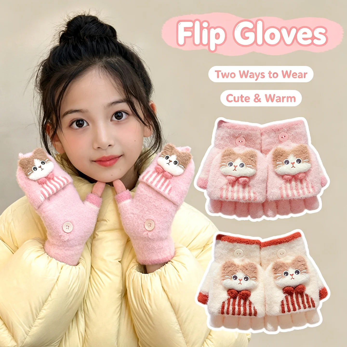 Korean Cute Kids Cartoon Cat Bow Flip Plush Mittens 6-12 Years Old Children Winter Warm Convertible Half Finger Writing Gloves