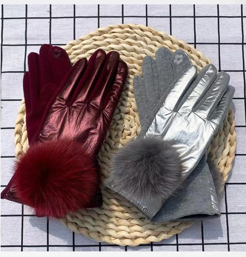 Lady Mittens Fashion Pom Pom Glossy Windproof Gloves Winter Women Cycling Driving Warm Gloves Student Girl Christmas Gift