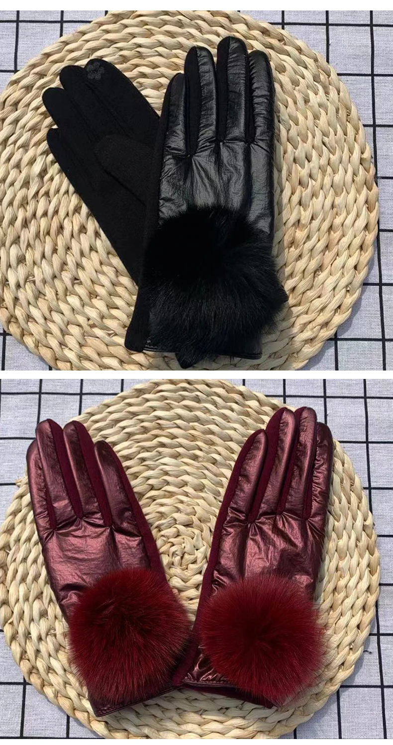 Lady Mittens Fashion Pom Pom Glossy Windproof Gloves Winter Women Cycling Driving Warm Gloves Student Girl Christmas Gift