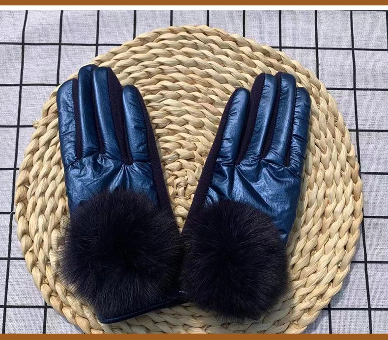 Lady Mittens Fashion Pom Pom Glossy Windproof Gloves Winter Women Cycling Driving Warm Gloves Student Girl Christmas Gift