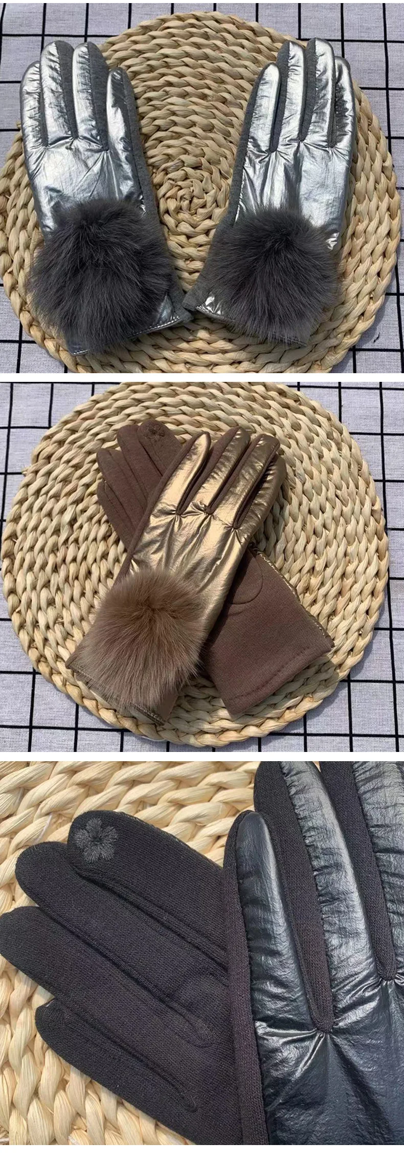 Lady Mittens Fashion Pom Pom Glossy Windproof Gloves Winter Women Cycling Driving Warm Gloves Student Girl Christmas Gift