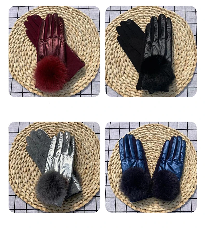Lady Mittens Fashion Pom Pom Glossy Windproof Gloves Winter Women Cycling Driving Warm Gloves Student Girl Christmas Gift