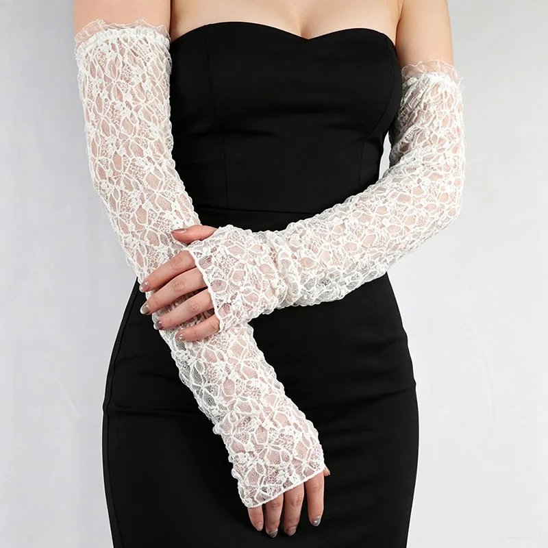 Fashion Long Lace Mesh Fingerless Gloves Scar-covering Lace Sun-proof Arm Sleeves for Women Lace False Sleeves