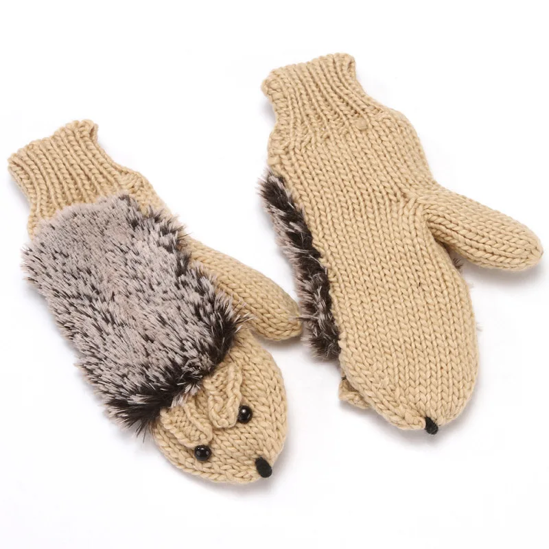 Women Ski Cartoon Hedgehog Fingers Gloves Thicken Winter Hand Warmer Knit Wrist Mittens Student Cute Girl Birthday Present