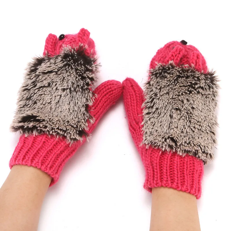Women Ski Cartoon Hedgehog Fingers Gloves Thicken Winter Hand Warmer Knit Wrist Mittens Student Cute Girl Birthday Present