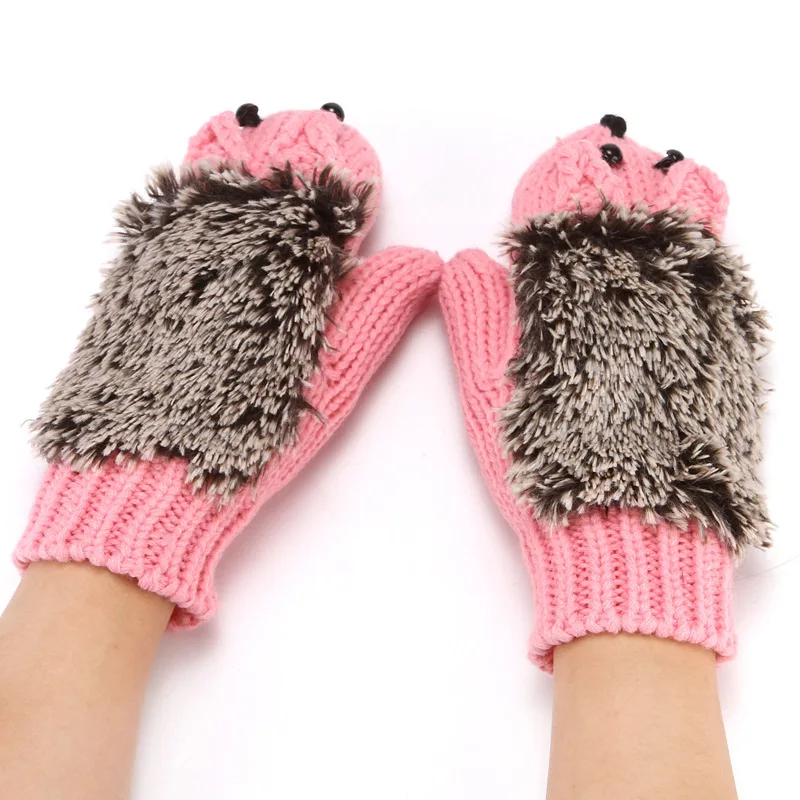 Women Ski Cartoon Hedgehog Fingers Gloves Thicken Winter Hand Warmer Knit Wrist Mittens Student Cute Girl Birthday Present