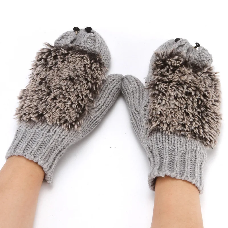 Women Ski Cartoon Hedgehog Fingers Gloves Thicken Winter Hand Warmer Knit Wrist Mittens Student Cute Girl Birthday Present