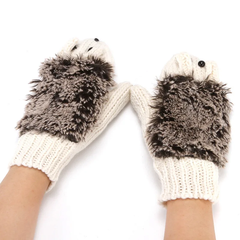 Women Ski Cartoon Hedgehog Fingers Gloves Thicken Winter Hand Warmer Knit Wrist Mittens Student Cute Girl Birthday Present