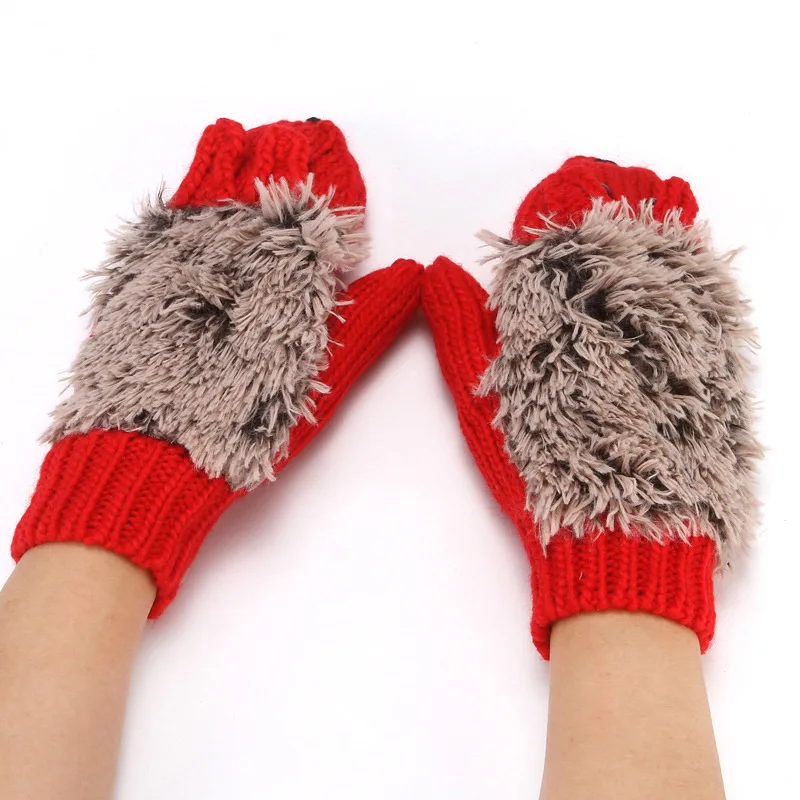 Women Ski Cartoon Hedgehog Fingers Gloves Thicken Winter Hand Warmer Knit Wrist Mittens Student Cute Girl Birthday Present