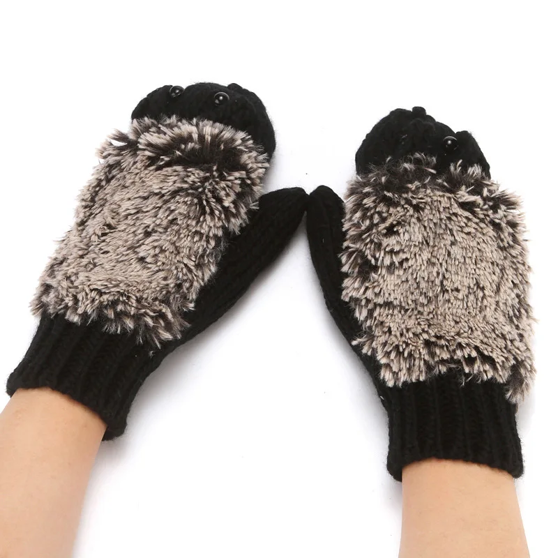Women Ski Cartoon Hedgehog Fingers Gloves Thicken Winter Hand Warmer Knit Wrist Mittens Student Cute Girl Birthday Present