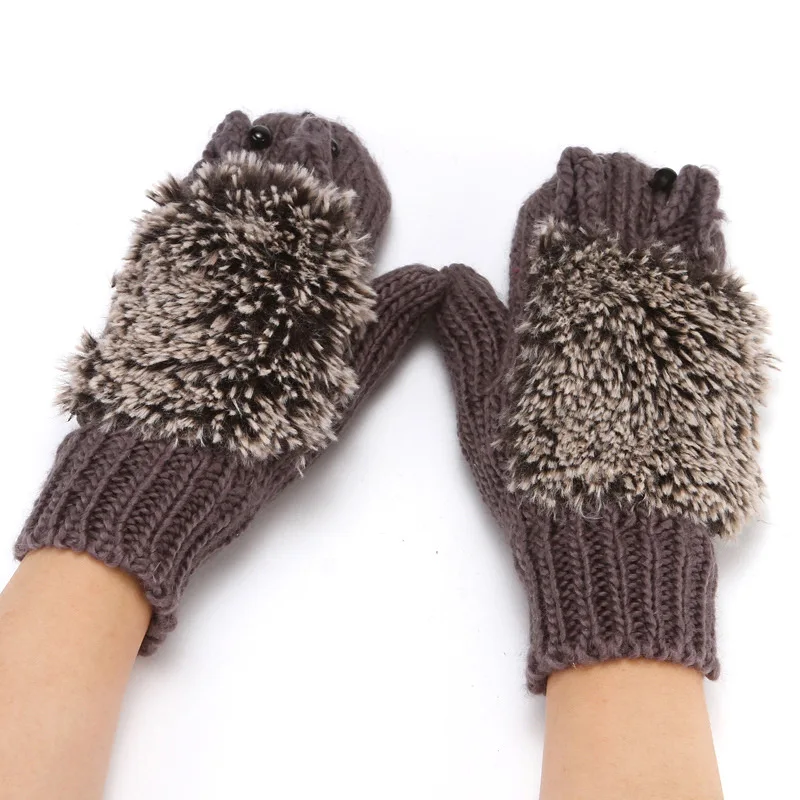 Women Ski Cartoon Hedgehog Fingers Gloves Thicken Winter Hand Warmer Knit Wrist Mittens Student Cute Girl Birthday Present