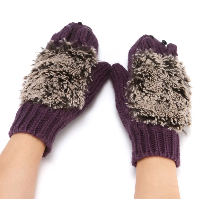 Women Ski Cartoon Hedgehog Fingers Gloves Thicken Winter Hand Warmer Knit Wrist Mittens Student Cute Girl Birthday Present