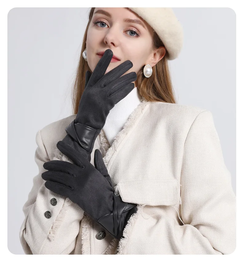 Autumn Winter Women Fashion Elegant Suede Keep Warm Touch Screen Thin Fleece Bow Cute Gloves Drive Cycling Windproof