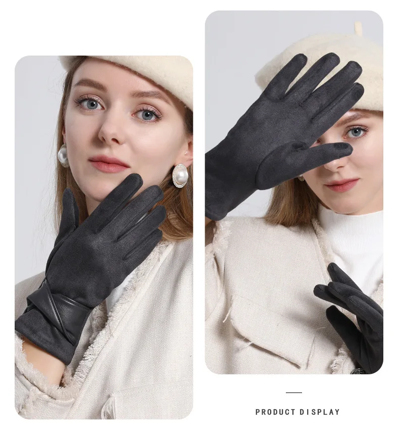 Autumn Winter Women Fashion Elegant Suede Keep Warm Touch Screen Thin Fleece Bow Cute Gloves Drive Cycling Windproof
