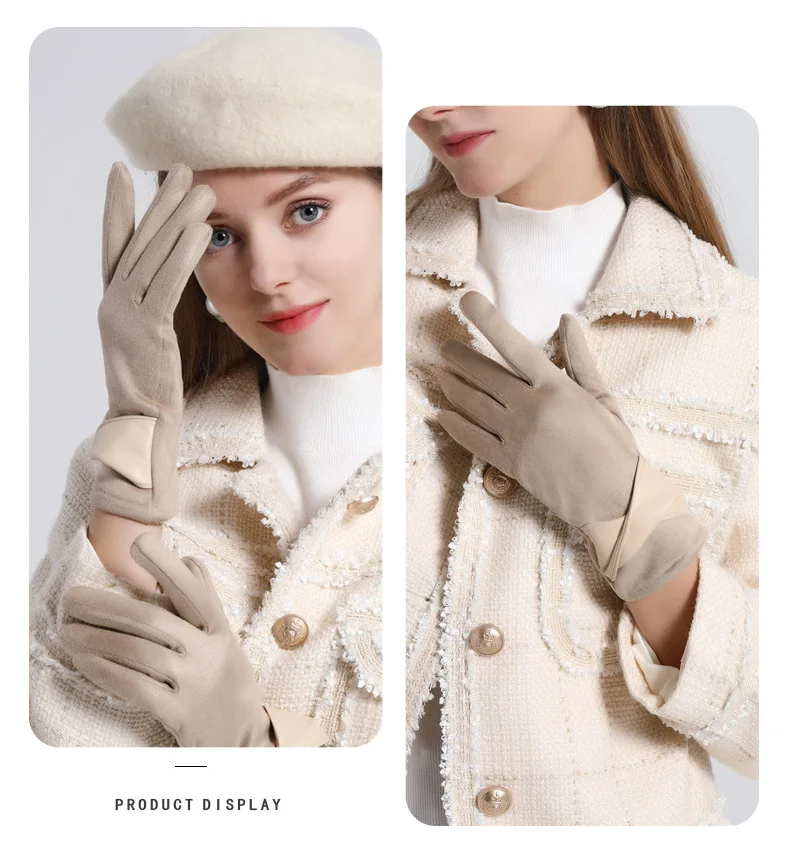 Autumn Winter Women Fashion Elegant Suede Keep Warm Touch Screen Thin Fleece Bow Cute Gloves Drive Cycling Windproof