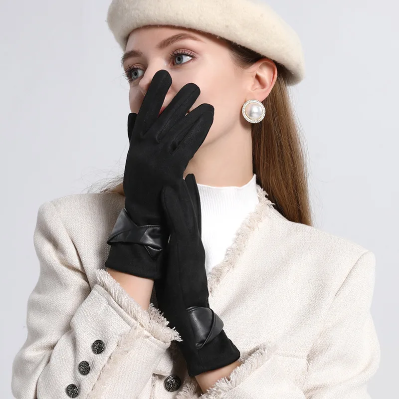 Autumn Winter Women Fashion Elegant Suede Keep Warm Touch Screen Thin Fleece Bow Cute Gloves Drive Cycling Windproof