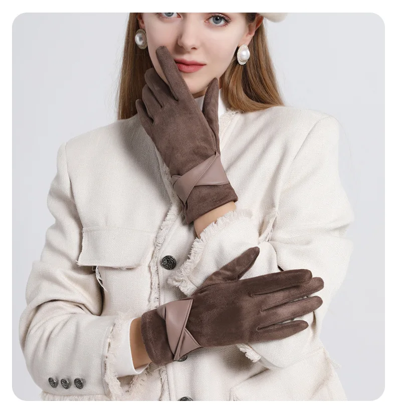 Autumn Winter Women Fashion Elegant Suede Keep Warm Touch Screen Thin Fleece Bow Cute Gloves Drive Cycling Windproof