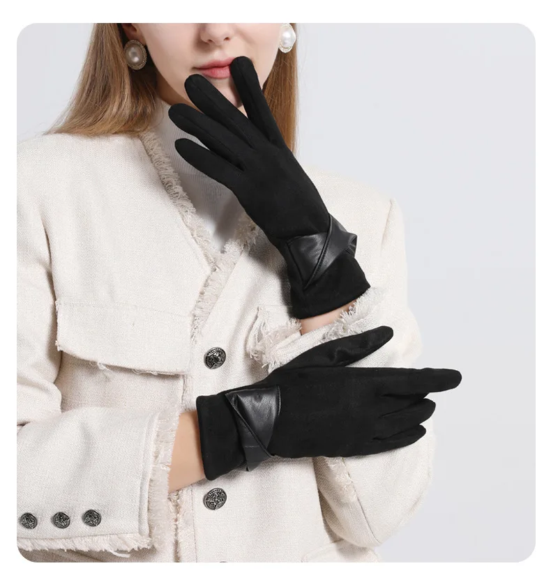 Autumn Winter Women Fashion Elegant Suede Keep Warm Touch Screen Thin Fleece Bow Cute Gloves Drive Cycling Windproof