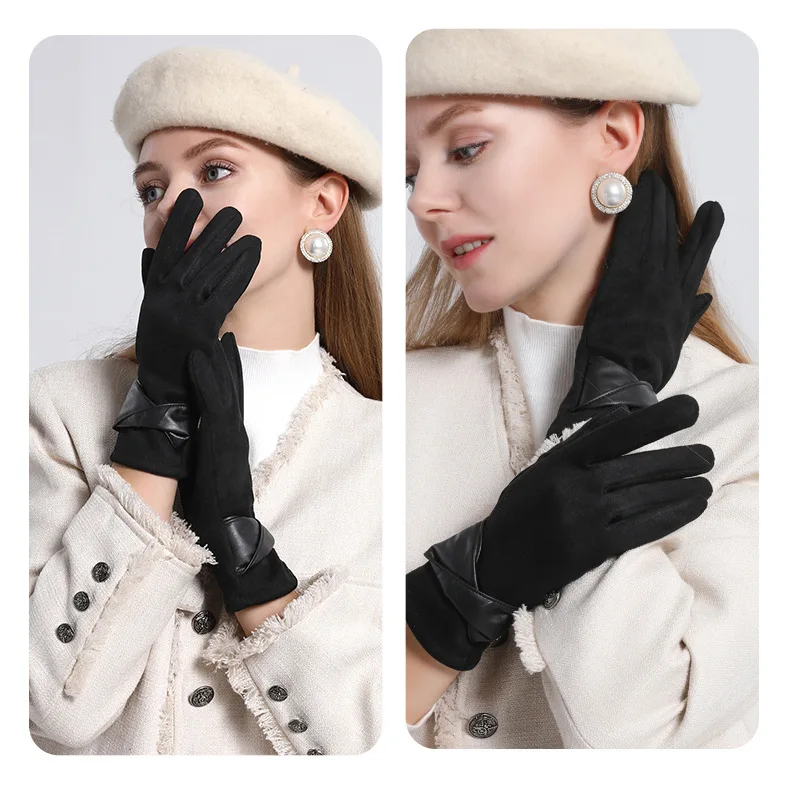 Autumn Winter Women Fashion Elegant Suede Keep Warm Touch Screen Thin Fleece Bow Cute Gloves Drive Cycling Windproof