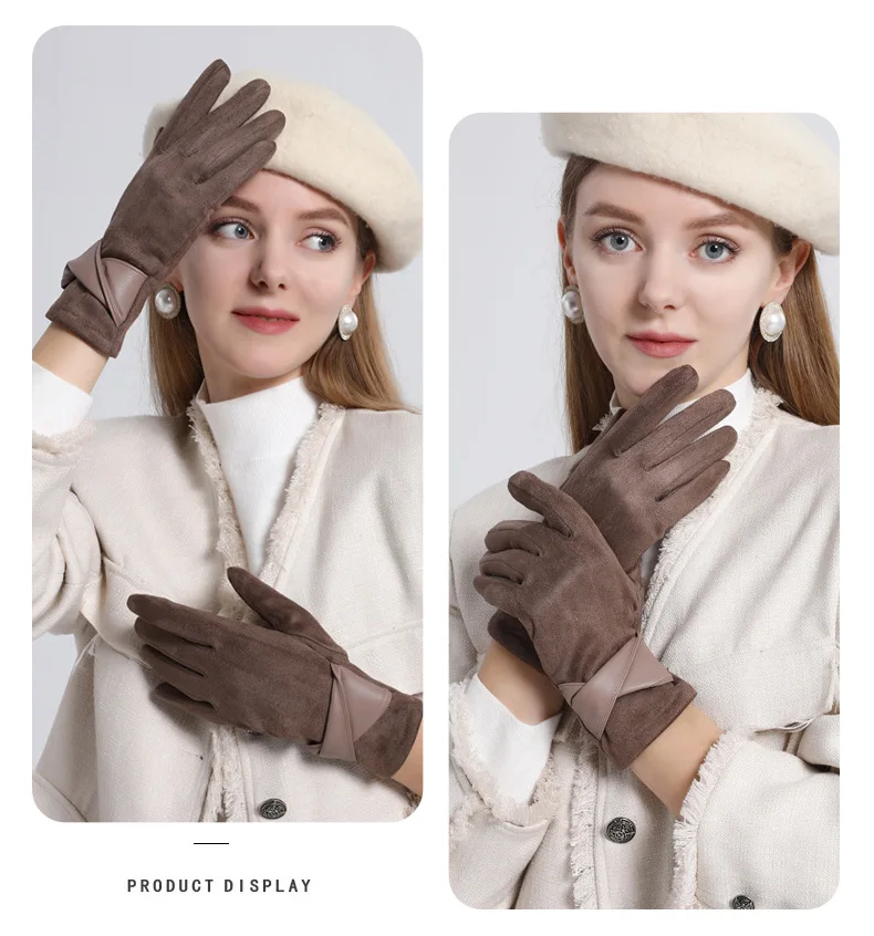 Autumn Winter Women Fashion Elegant Suede Keep Warm Touch Screen Thin Fleece Bow Cute Gloves Drive Cycling Windproof