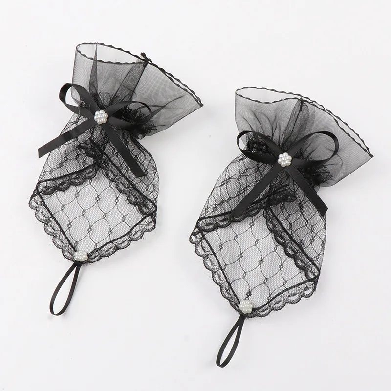 Women Sexy Lace Short Hollow Transparent Lattice Bow Mesh Half Full Finger Mittens Gloves Halloween Lolita Cosplay Etiquette