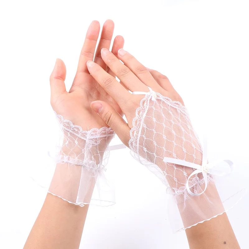 Women Sexy Lace Short Hollow Transparent Lattice Bow Mesh Half Full Finger Mittens Gloves Halloween Lolita Cosplay Etiquette