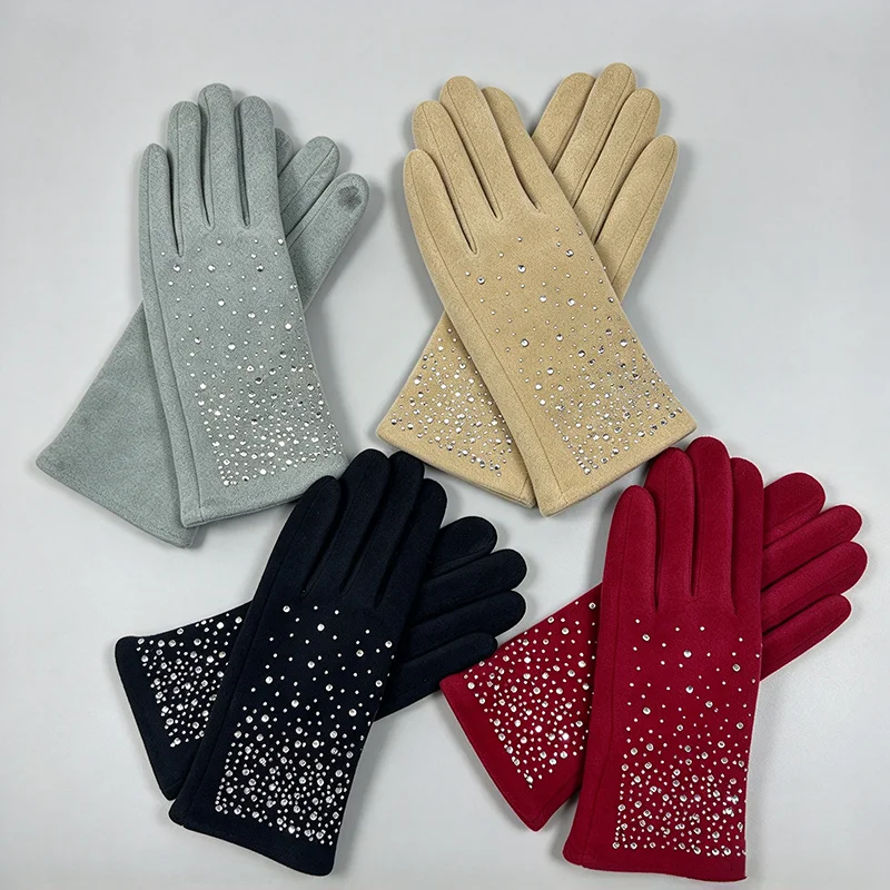 Winter Women Fashion Elegant Diamonds Gloves Inside Thin Velvet Keep Warm Touch Screen Cycling Drive Thickened Mittens