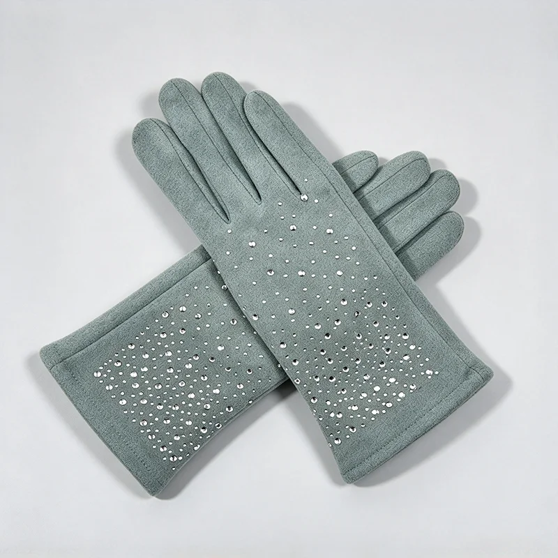 Winter Women Fashion Elegant Diamonds Gloves Inside Thin Velvet Keep Warm Touch Screen Cycling Drive Thickened Mittens