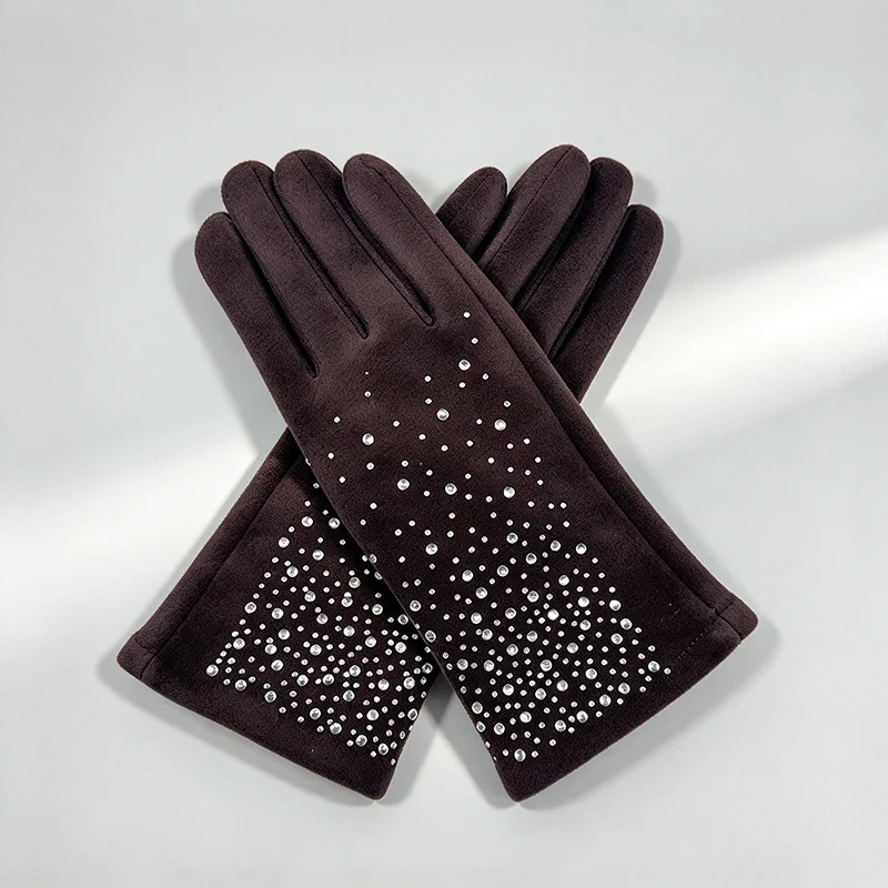 Winter Women Fashion Elegant Diamonds Gloves Inside Thin Velvet Keep Warm Touch Screen Cycling Drive Thickened Mittens