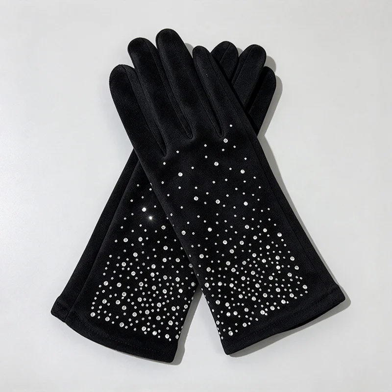 Winter Women Fashion Elegant Diamonds Gloves Inside Thin Velvet Keep Warm Touch Screen Cycling Drive Thickened Mittens