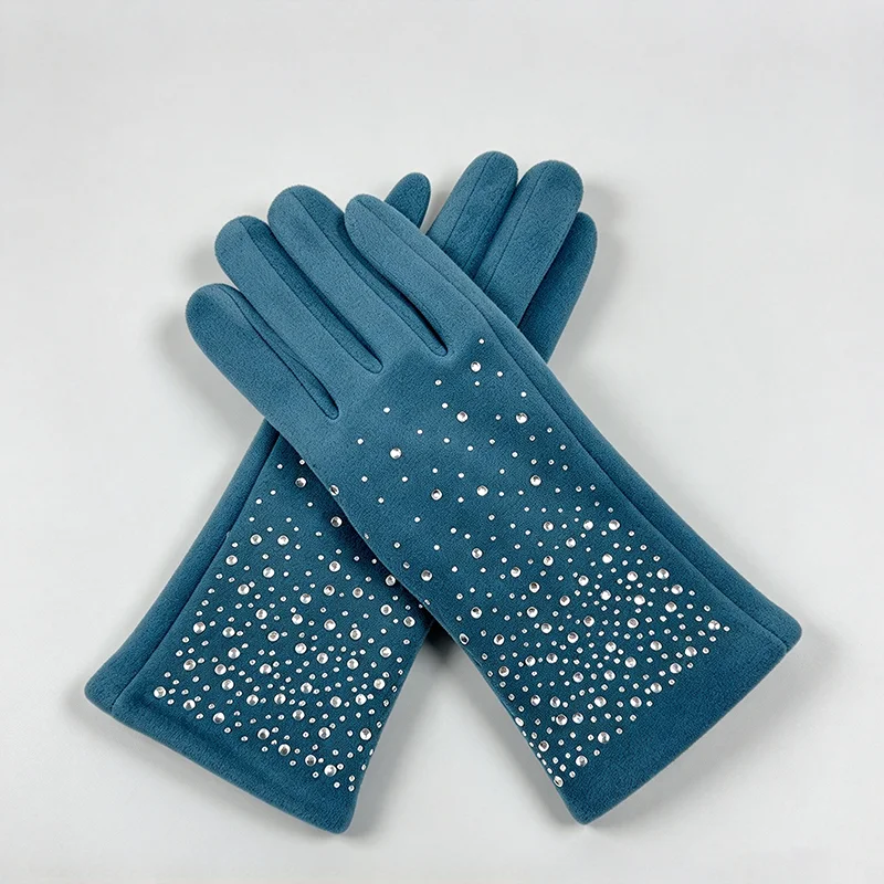 Winter Women Fashion Elegant Diamonds Gloves Inside Thin Velvet Keep Warm Touch Screen Cycling Drive Thickened Mittens