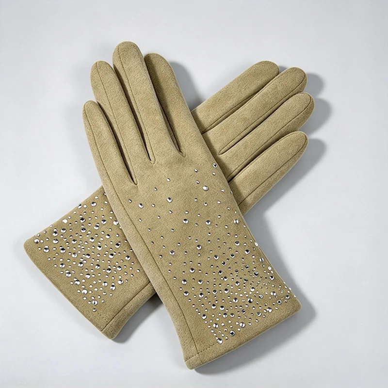Winter Women Fashion Elegant Diamonds Gloves Inside Thin Velvet Keep Warm Touch Screen Cycling Drive Thickened Mittens