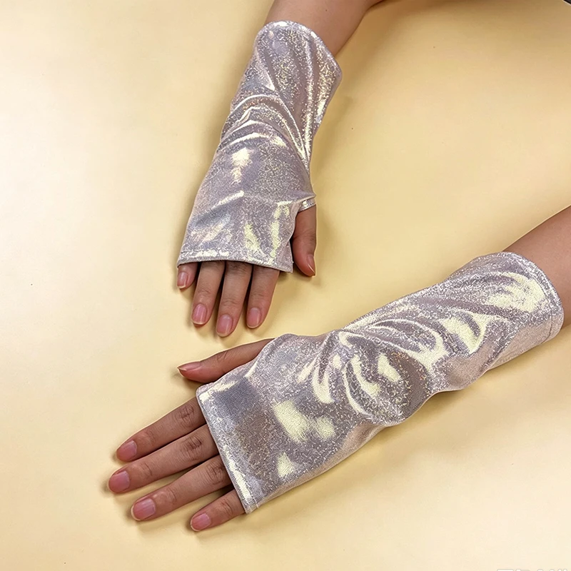 Women Half Palm Patent Leather Gloves Sparkling Halloween Cosplay Stage Performance Kpop Group Dance Music Festival Thin Fashion